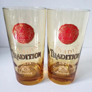 Vintage Schenley Canadian Tradition Whiskey set of 2  Amber Glasses.
